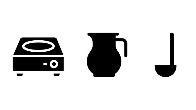 Kitchen equipment icons showing electric stove with pitcher and soup ladle for cooking preparation in this black digital animation video