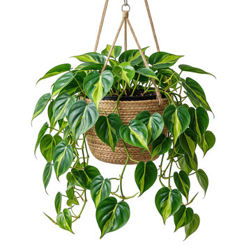 Variegated heartleaf philodendron hanging in a woven rattan basket with philodendron heartleaf variegated houseplant botanical ornamental tropical isolated gardening biophilic interior