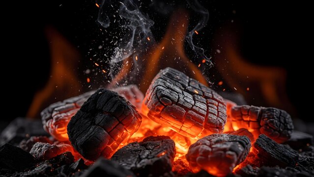 Dramatic close-up of burning embers glowing in a dark charcoal fire