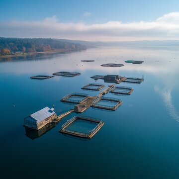 Aerial photography of a fish farm with several cages and service platforms on the water.