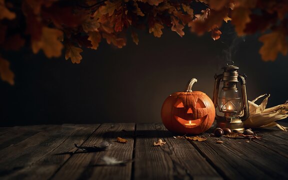 Carved jack o lantern pumpkin with a glowing lantern on a rustic wooden table at night