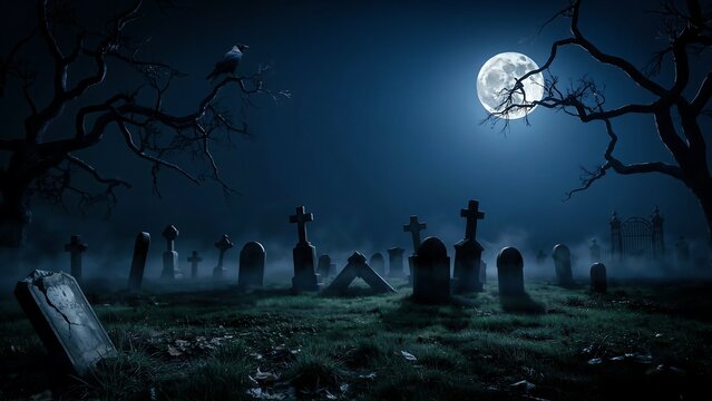 Spooky graveyard with old tombstones under a bright full moon in a misty night landscape