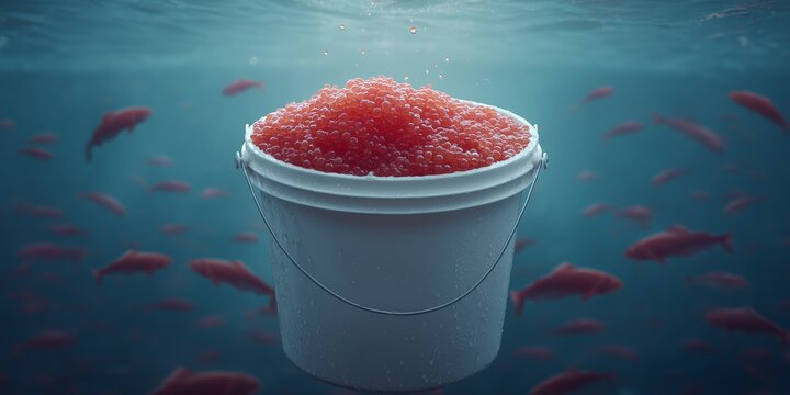 A white bucket filled to the brim with red caviar, underwater surrounded by fish. A symbol of the fishing industry and the production of delicatessen products.