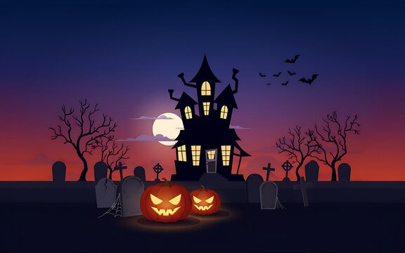 Spooky haunted mansion with glowing pumpkins and tombstones under a full moon at sunset