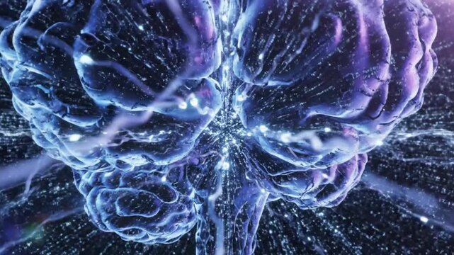 Human brain glowing with neural pathways and digital data particles in a scientific motion animation for advanced technology video footage