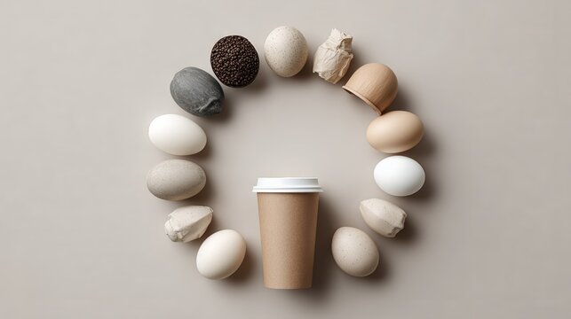 Eggshell recycling into cups composition. Processed shells and paper cup placed in circular layout on neutral background