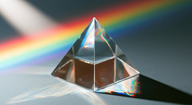 A triangular prism refracts light, creating a rainbow spectrum against a dark background