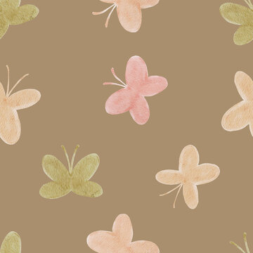 Seamless watercolor butterfly pattern on warm brown background. Soft pastel butterflies create a playful nature design and perfect for nursery or textile.