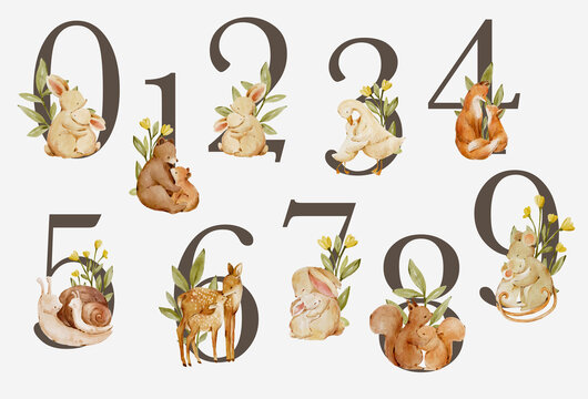 Watercolor floral numbers collection 0-9 with adorable woodland animals. Decorative botanical numerals feel playful and charming and perfect for nursery designs.