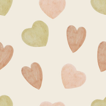 Seamless watercolor hearts pattern with soft pastel colors. Cute romantic design feels playful and gentle and perfect for nursery or wrapping paper.