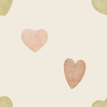 Seamless watercolor hearts pattern with minimal pastel composition. Soft romantic design feels elegant and cozy and perfect for fabric or stationery.