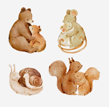 Watercolor woodland animal collection with soft hand painted details. Cute bear, mouse, snail, squirrel and perfect for nursery decor or creative projects.