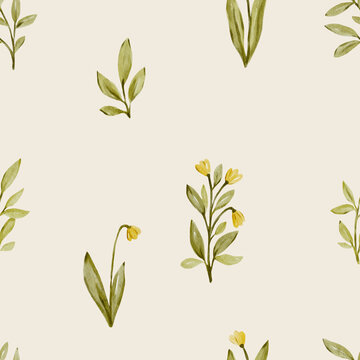 Seamless watercolor botanical pattern with delicate meadow leaves and flowers. Minimal natural design feels fresh and elegant and perfect for textile or wallpaper.