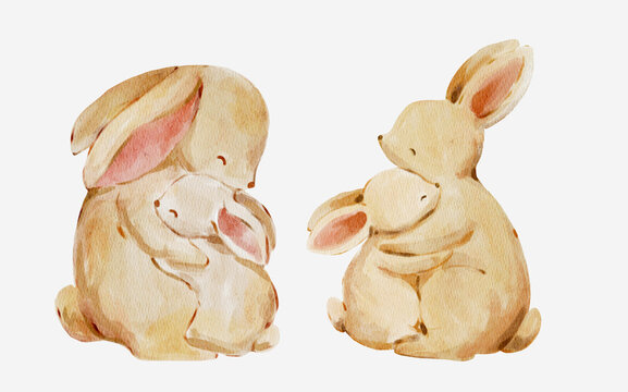 Watercolor bunny family illustration set with soft hand painted details. Cute woodland animals feel warm and heartwarming and perfect for nursery decor.