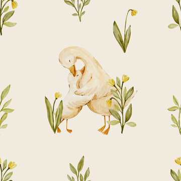 Seamless watercolor goose pattern with delicate meadow leaves. Cozy countryside design feels playful and natural and perfect for nursery or textile.