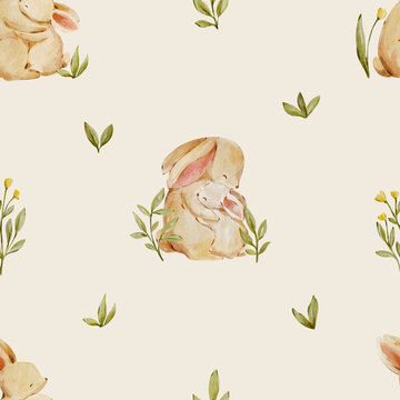 Seamless watercolor bunny family pattern with botanical leaves. Gentle woodland design feels playful and cozy and perfect for nursery decor.