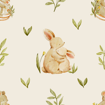 Seamless watercolor bunny pattern with delicate botanical leaves. Sweet woodland design feels cozy and gentle and perfect for nursery decor or fabric.