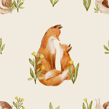 Seamless watercolor fox family pattern with soft woodland leaves. Charming forest design feels warm and heartwarming and perfect for nursery or textile.
