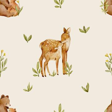 Seamless watercolor deer pattern with woodland botanical elements. Delicate forest design feels calm and elegant and perfect for nursery or fabric.