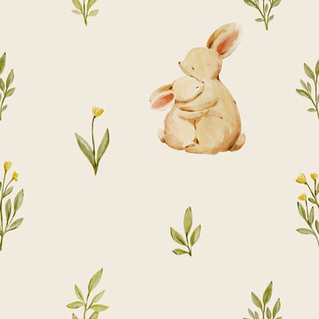 Seamless watercolor bunny pattern with soft botanical accents. Sweet woodland design feels playful and cozy and perfect for nursery decor.