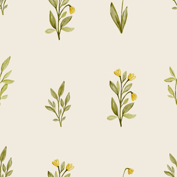 Seamless watercolor botanical pattern with delicate meadow leaves. Minimal natural design feels fresh and elegant and perfect for textile or wallpaper.