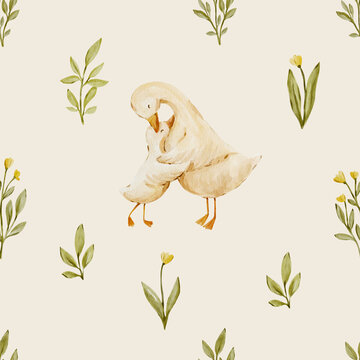 Seamless watercolor goose pattern with delicate botanical leaves. Cozy countryside design feels gentle and charming and perfect for nursery or fabric.