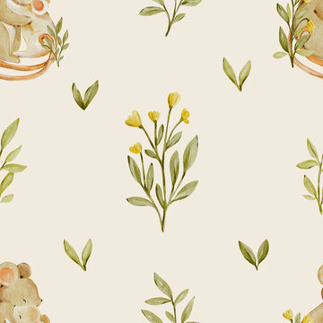Seamless watercolor botanical pattern with yellow wildflowers and leaves and mouse. Delicate natural design feels soft and elegant and perfect for fabric or wallpaper.