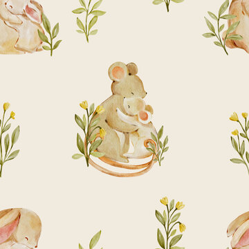 Seamless watercolor mouse family pattern with botanical leaves. Cute woodland design feels warm and heartwarming and perfect for nursery or fabric.