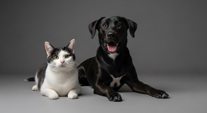 Portrait of a black dog and a bicolor cat