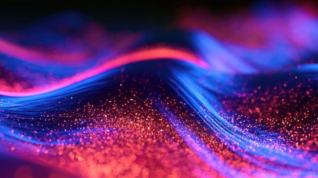 Abstract luminous waves of blue and pink with shimmering particles