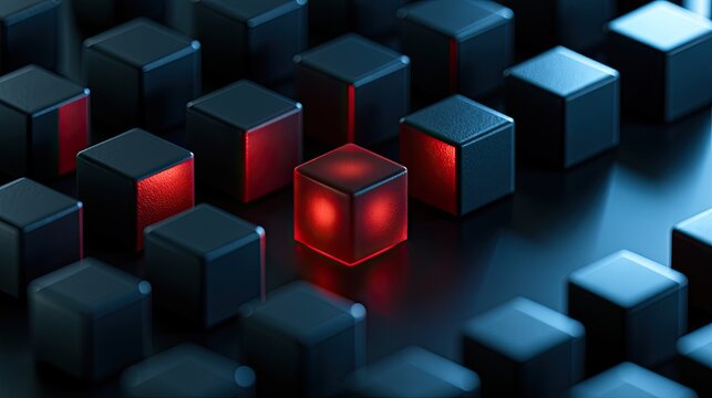 A striking red cube glows amidst a dark, textured array of cubes