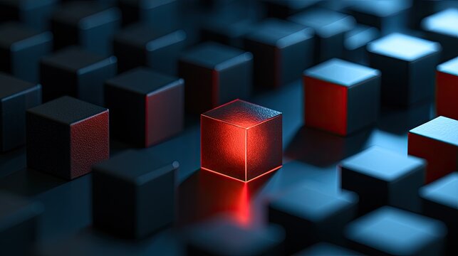 Abstract composition of illuminated red cube among dark ones