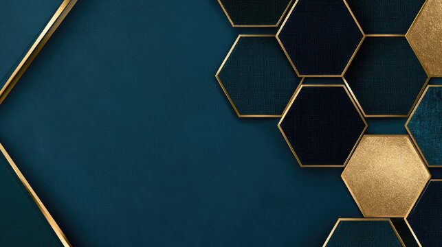 Deep blue backdrop with textured golden and navy hexagons, geometric