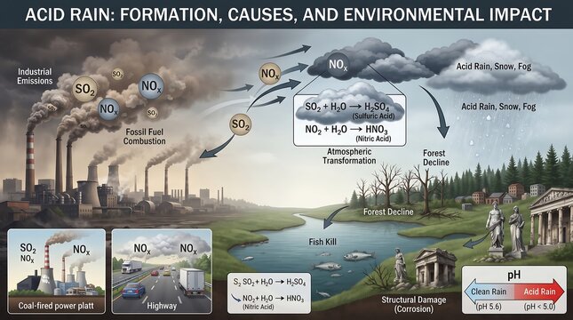 Educational diagram showing acid rain formation process from industrial emissions and fossil fuel combustion impacting natural ecosystems.