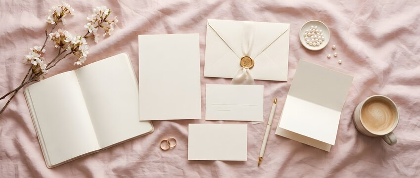 Luxury Wedding Stationery Flat Lay Mockup with Blank Invitation Cards