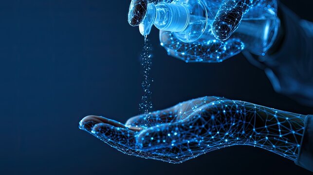 Futuristic digital hands dispensing sanitizer, symbolizing hygiene and advanced tech