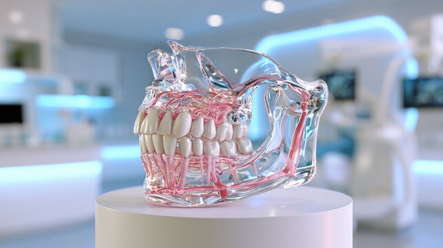 Transparent anatomical model of a human jaw with teeth and blood vessels