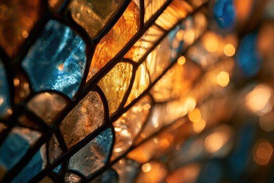 Close-up of shimmering, textured glass panes in warm amber and cool blue hues