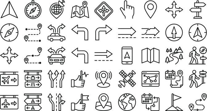 Hand drawn navigation and travel vector bundle and icon set featuring map location and direction symbols