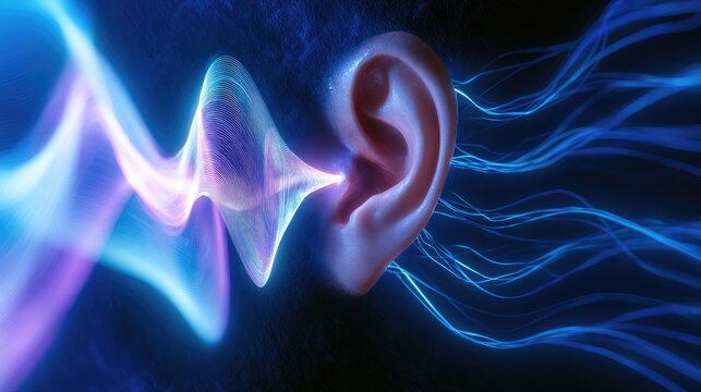Abstract visualization of sound waves entering a human ear, glowing neon hues