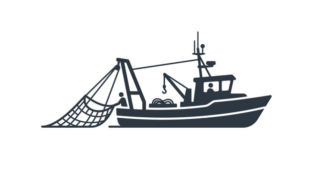 A detailed silhouette illustration of a commercial fishing trawler boat at sea.