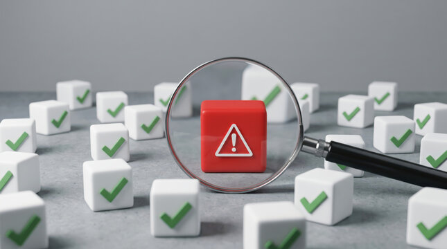 Magnifying Glass Inspecting Red Warning Block for Risk Management