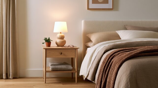 Cozy bedroom with bedside table, lamp, and neatly made bed