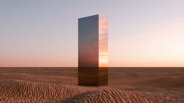 A surreal, reflective rectangular monolith stands in a vast, desolate desert landscape at sunset