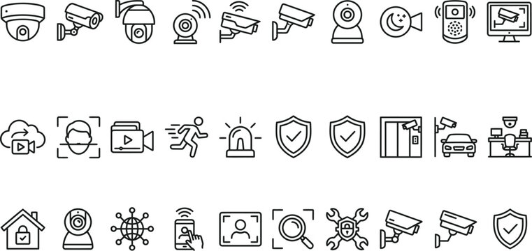 Comprehensive security and surveillance vector bundle and icon set featuring hand drawn style line art for safety concepts