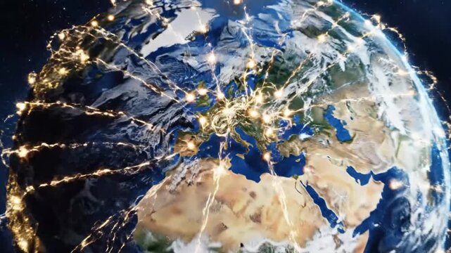 Europe digital network connection glowing lines forming global communication connectivity data exchange futuristic world map motion video animation clip loop