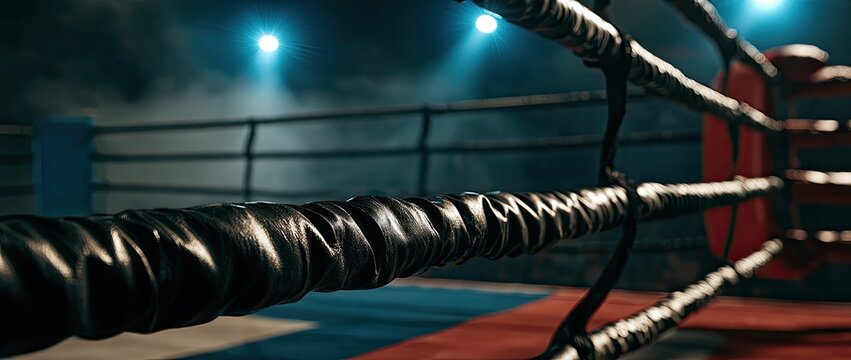 Close-up on padded boxing ring ropes with spotlights illuminating smoke-filled arena