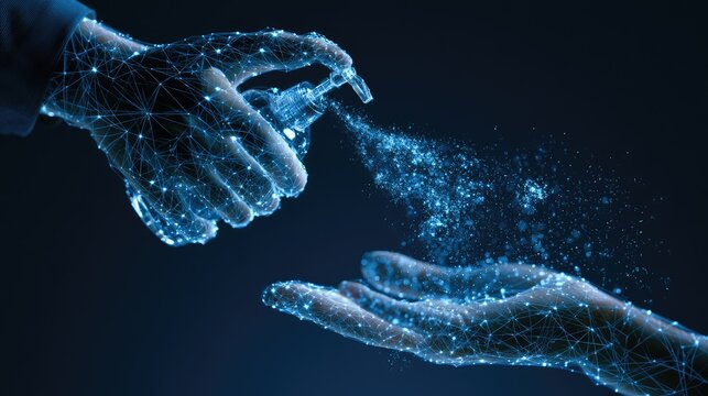 Digital hands dispensing a stream of particles onto another digital hand