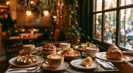 Fototapeta premium Cozy cafe setting with delicious food and drinks arranged on a table