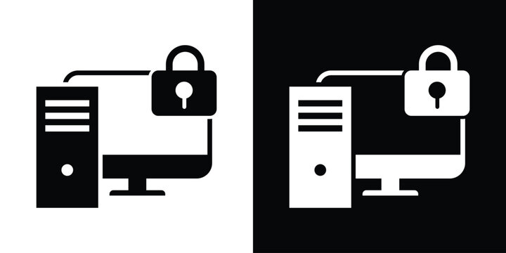 Computer workstation with lock icon representing secure server access, cyber security, data protection, and IT safety symbol set in black and white vector format.